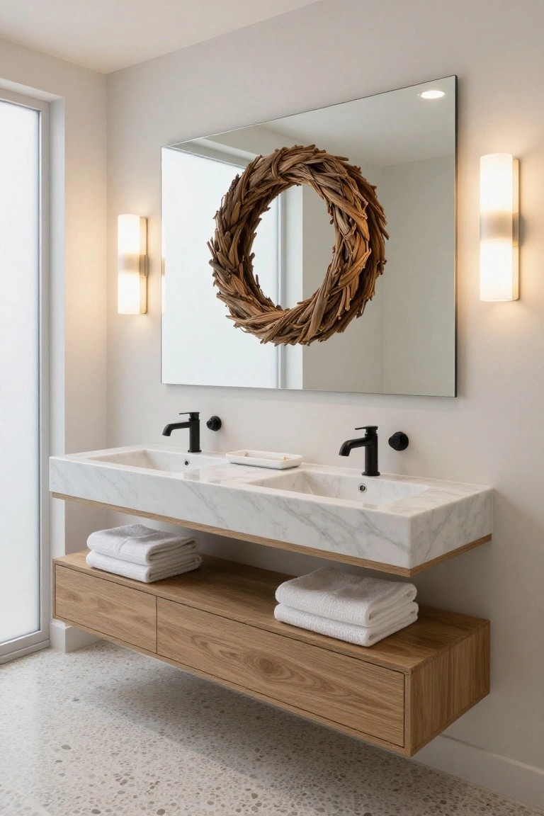 Bathroom with large rectangular mirror decorated by a round driftwood wreath, floating oak vanity topped with white marble double sink and black faucets, folded white towels underneath, terrazzo tile floor, and wall sconces.