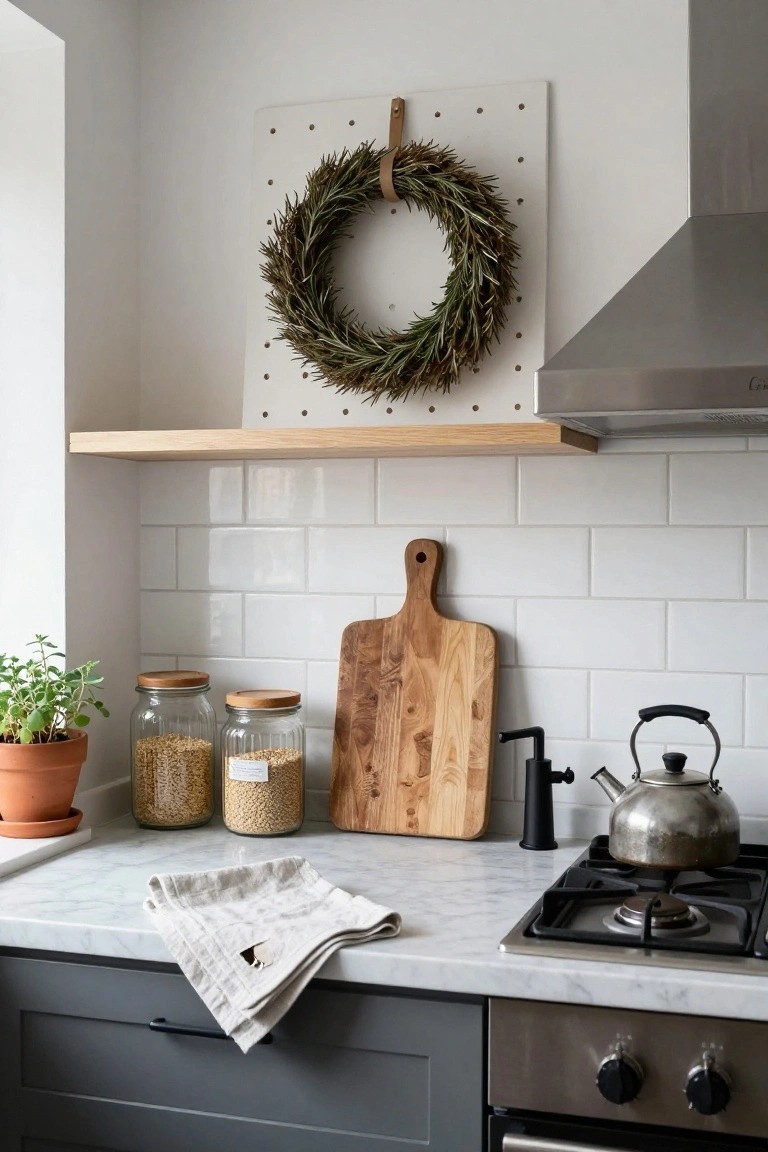 Close-up of a kitchen counter area with a large dried rosemary wreath hanging on a white pegboard above a wooden shelf, glass jars of grains, wooden cutting board, potted plant, tea kettle on gas stove, and gray cabinets.