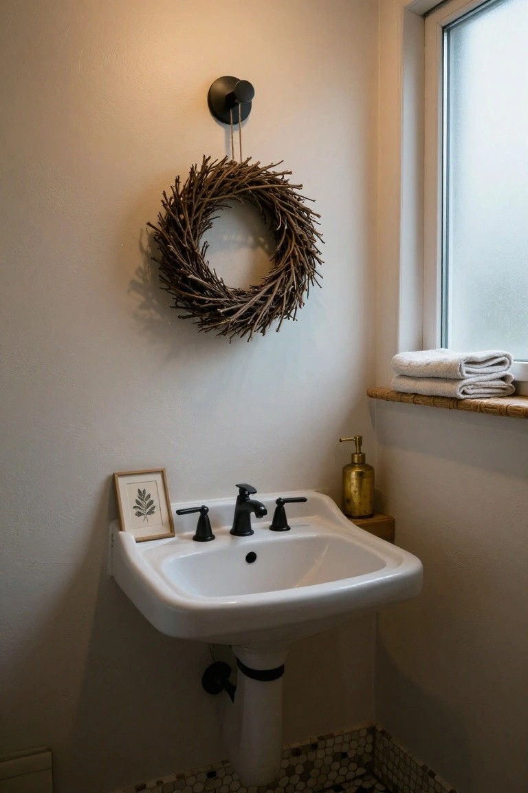 Corner view of a small bathroom with white wall-mounted sink, black faucet handles, gold soap dispenser, framed leaf artwork, stacked white towels on wooden window shelf, natural twig wreath on wall, frosted glass window, and black wall light.