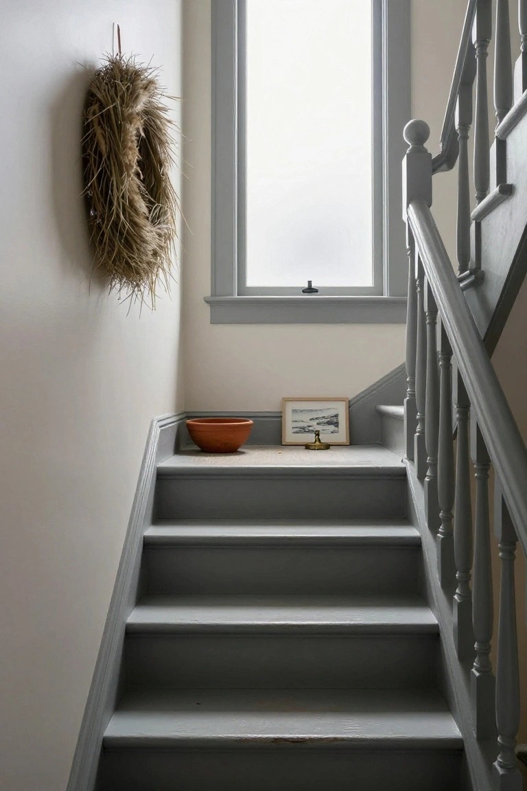 Gray-painted wooden staircase with white walls and gray trim, a hanging straw wreath on the wall, terra cotta bowl and small framed picture on the bottom step, beside a tall window.