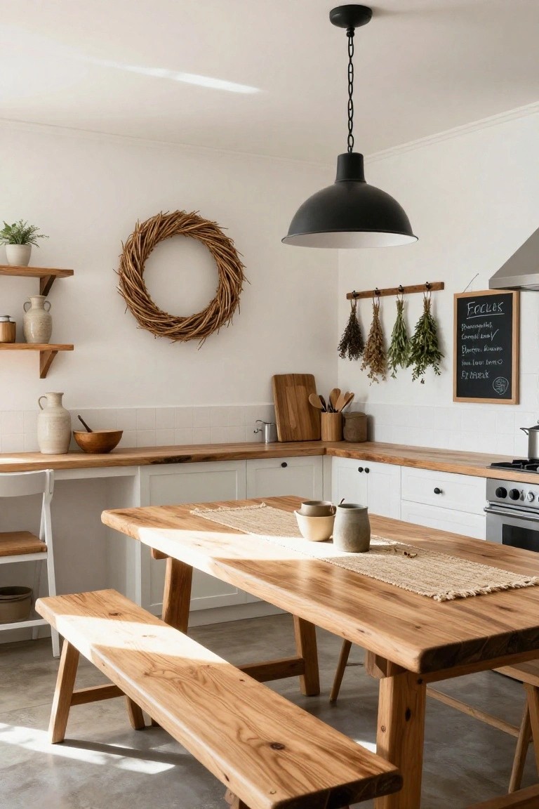 Light-filled kitchen interior with white cabinets, wooden dining table and benches, black pendant light overhead, large circular wheat wreath on wall above wooden shelves with pottery, hanging dried herbs beside chalkboard, and potted plants.