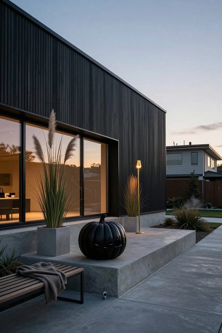 Modern house with black vertical wood cladding and large glass window beside a concrete terrace holding a black pumpkin, pampas grass in pots, a bench with gray blanket, and a gold floor lamp at dusk.