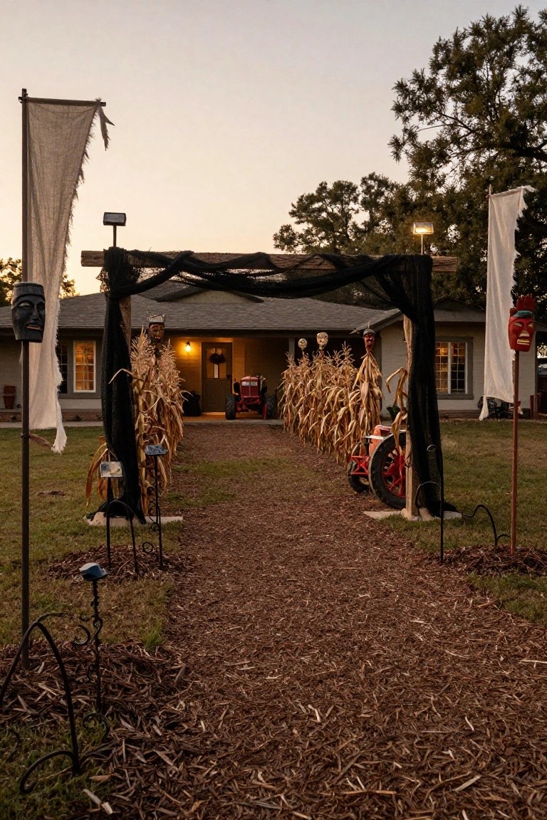House exterior with a mulch pathway lined by cornstalks leading to the front door, flanked by spiderweb-draped arch, tiki masks on poles, and a red tractor in the yard at dusk.