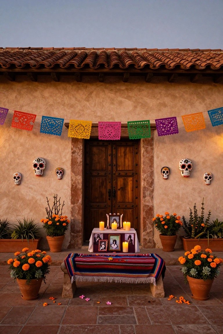 Adobe house exterior featuring a wooden entry door flanked by wall-mounted sugar skull decorations, colorful papel picado banners overhead, potted marigold plants, and a front altar table with candles, framed photos, and a multicolored cloth on a stone patio.