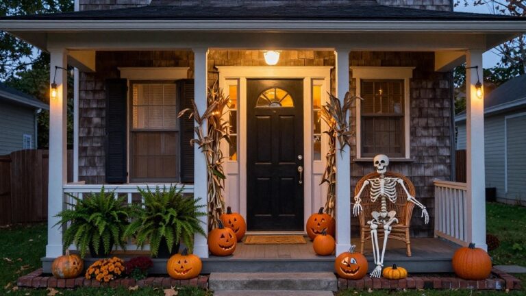 Shingled house front porch at dusk with dark wood door, cornstalks, string lights, hanging fern, multiple carved jack-o-lantern pumpkins, and a skeleton figure seated in a wicker chair holding a lit pumpkin.