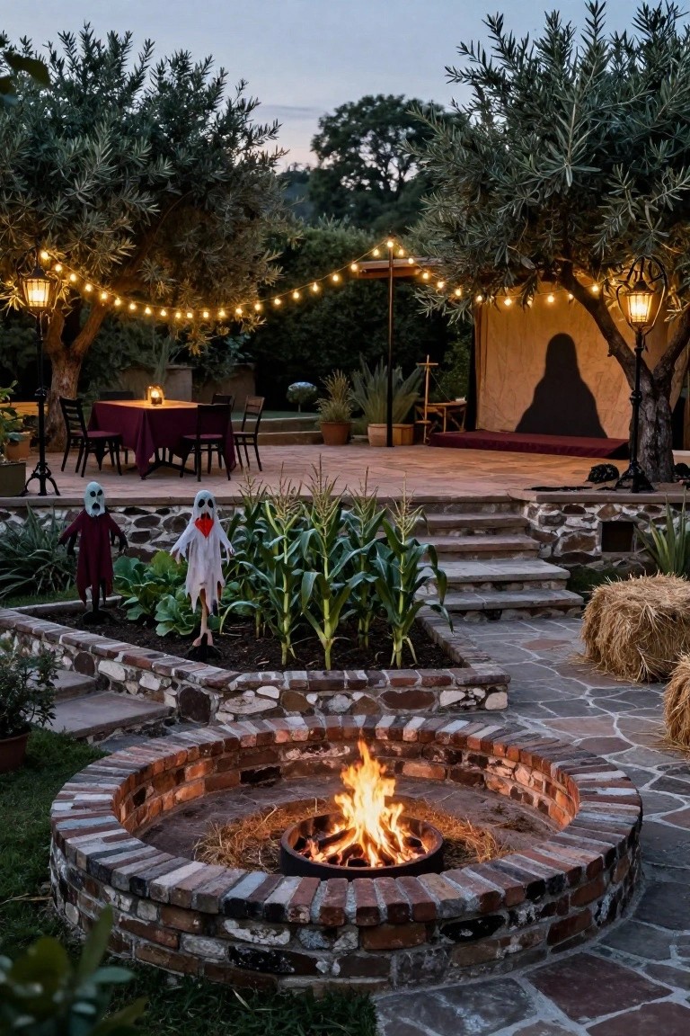 Dusk-lit terraced outdoor patio with central circular brick fire pit burning, raised garden beds containing cornstalks and Halloween ghost figures, string lights over a dining table and small stage, hay bales, olive trees, and lanterns.