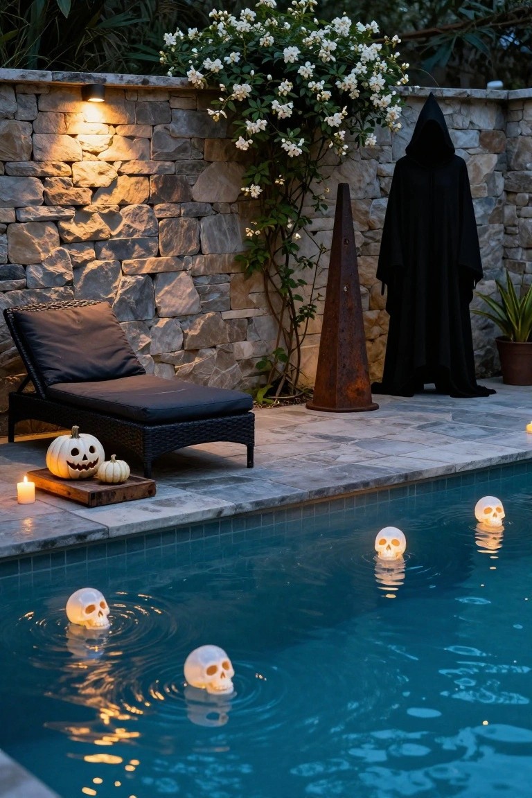 Nighttime backyard pool with several floating illuminated white skulls creating ripples in blue water, a black lounge chair holding carved pumpkins and a candle on a wooden tray nearby, a tall cloaked black figure statue, cone-shaped metal sculpture, stone wall with plants, and wall lights.