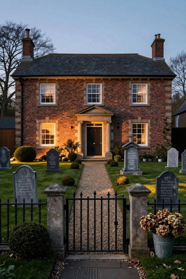 Red brick house with slate roof and lit windows at dusk, front yard featuring multiple gray tombstones, black wrought-iron gate with stone pillars, gravel path, and shrubs.