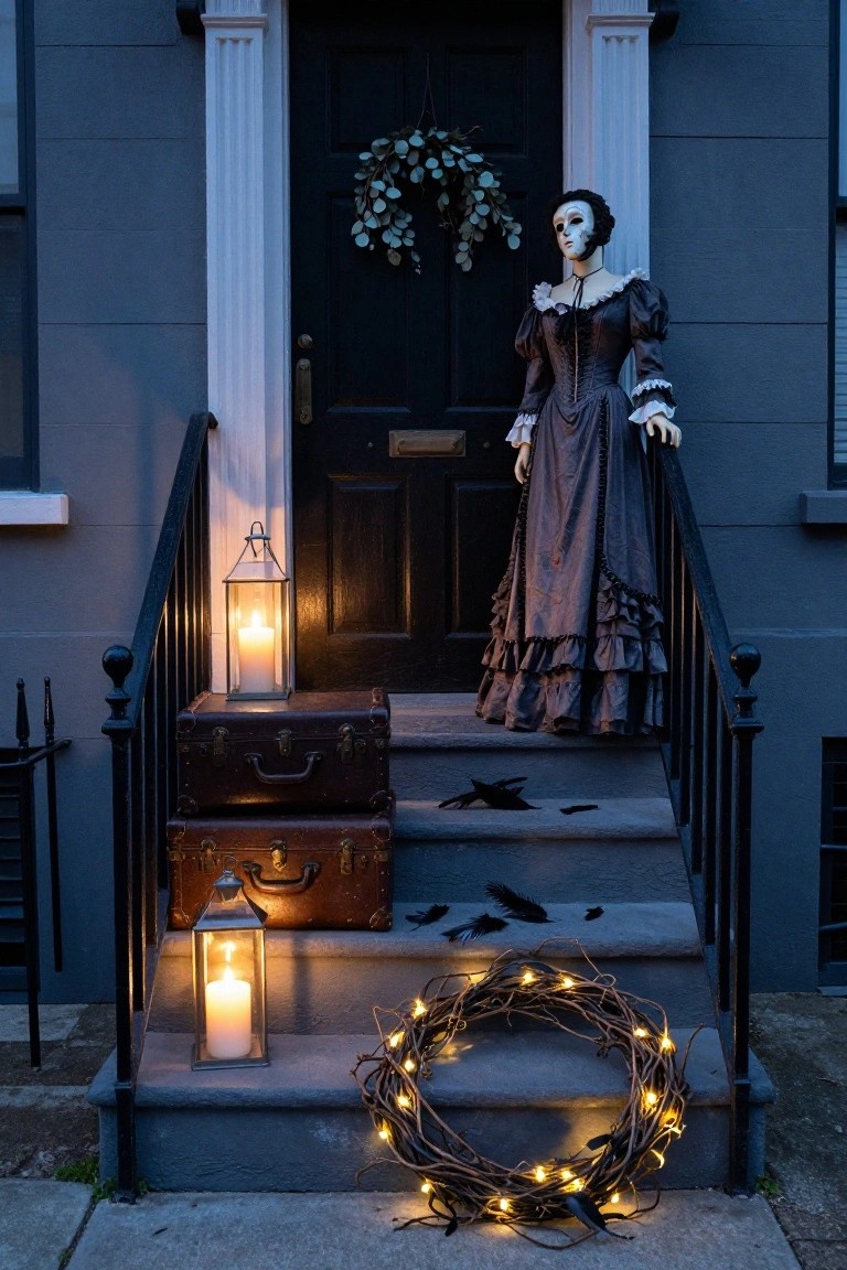 Life-size mannequin in dark Victorian gown and white mask stands on front porch steps beside black door, with lanterns, vintage suitcases, scattered crow feathers, and lit twig wreath.