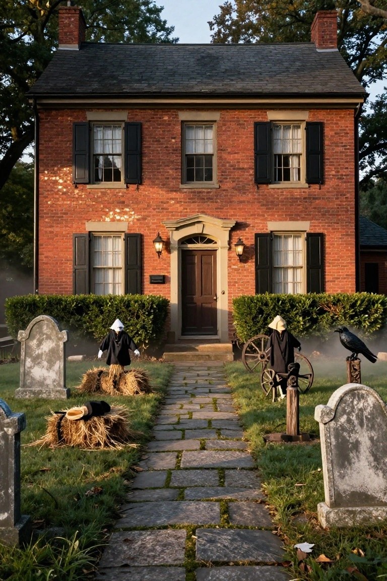 Red brick two-story house with black shutters and centered front door flanked by Halloween decorations including gravestones, bonneted scarecrows, hay bales, wagon wheel, fog, and raven along a stone pathway.
