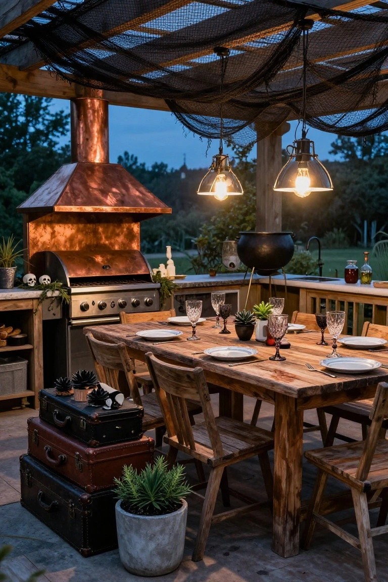 Outdoor patio under a pergola draped in black cobwebs with hanging lanterns, a copper grill decorated with skulls, a large black cauldron on a stand, and a rustic wooden dining table set with dark glassware and plates at dusk.