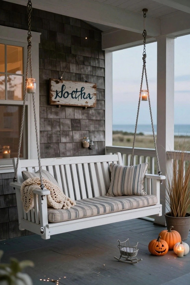 White wooden porch swing with cushions and blanket hanging from ropes on a shingled covered porch, with Halloween pumpkins, candles, metal wagon, and 