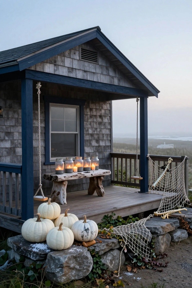 Gray shingled cabin porch with wooden bench holding lit mason jar lanterns and candles, clusters of white pumpkins on rocks below, hanging rope swing, and net draped with white skull and bone props over railing, overlooking foggy landscape.