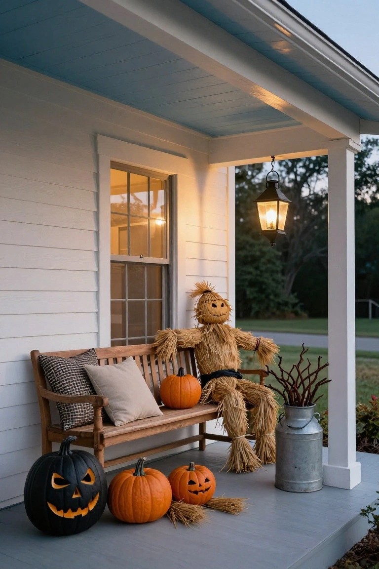 White clapboard house porch with blue ceiling, wooden bench holding a hay scarecrow in orange shirt and black pants, surrounded by orange and black jack-o-lanterns, a metal milk can, and hanging lantern at dusk.