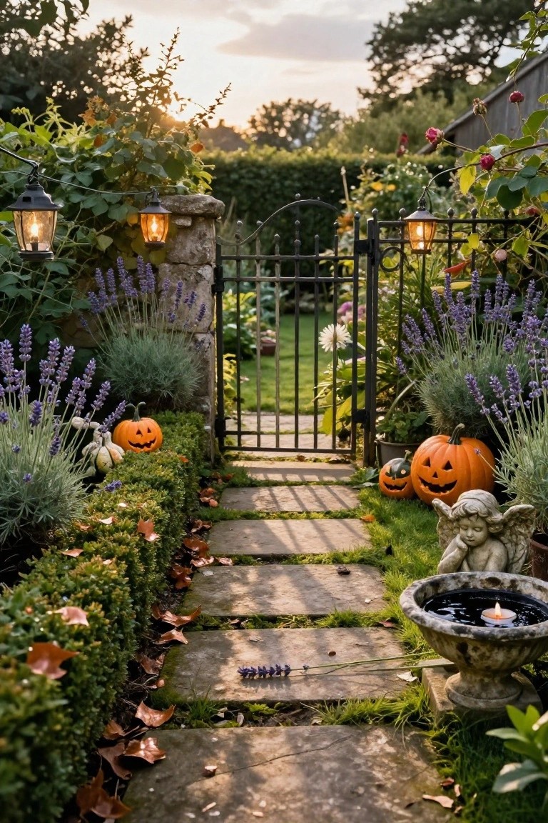 Stone pathway lined with boxwood hedges, lavender plants, carved pumpkins, and fall leaves leading to a wrought iron gate flanked by stone pillars with hanging lanterns, plus an angel statue and stone fountain with floating candle in a garden setting.