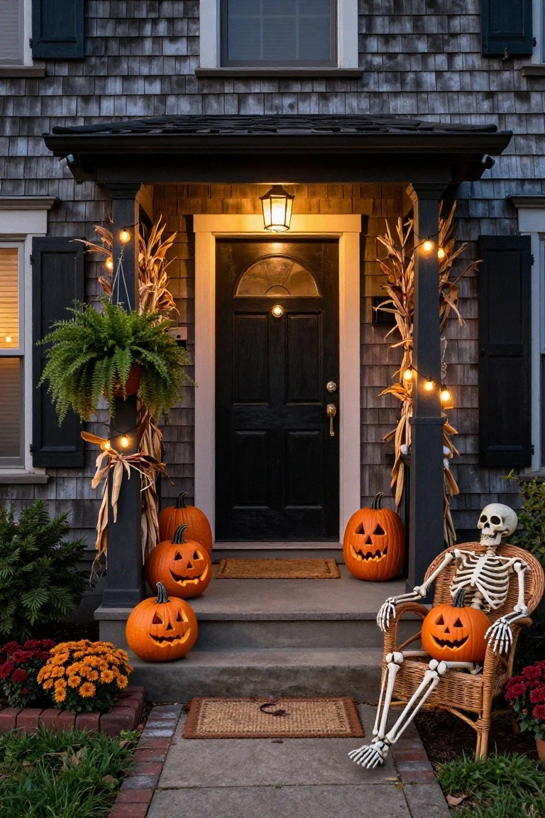 Shingled house front porch at dusk with dark wood door, cornstalks, string lights, hanging fern, multiple carved jack-o-lantern pumpkins, and a skeleton figure seated in a wicker chair holding a lit pumpkin.