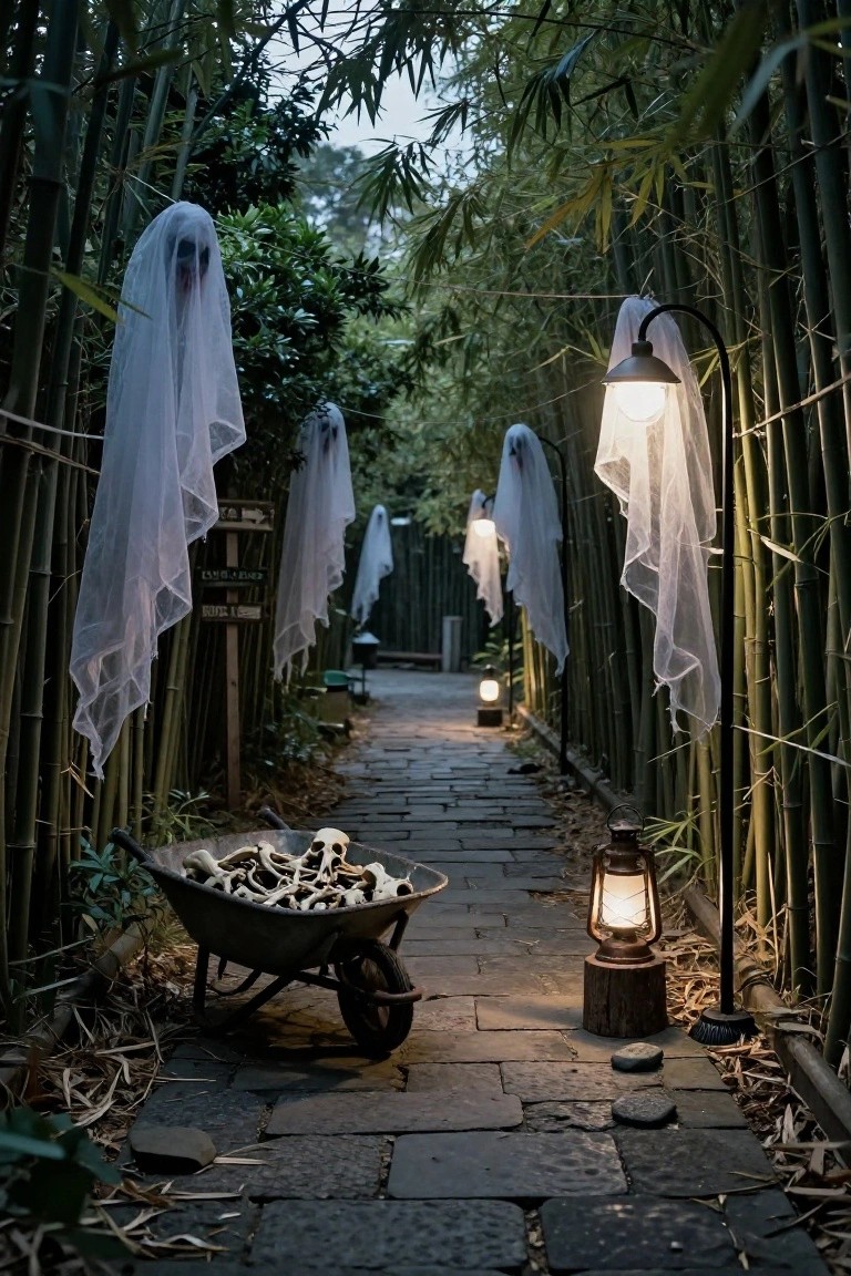 Narrow stone path lined with tall bamboo fences draped in white ghost sheets, lit by hanging lanterns and a lantern on a stump, with a wheelbarrow of bones beside the path.