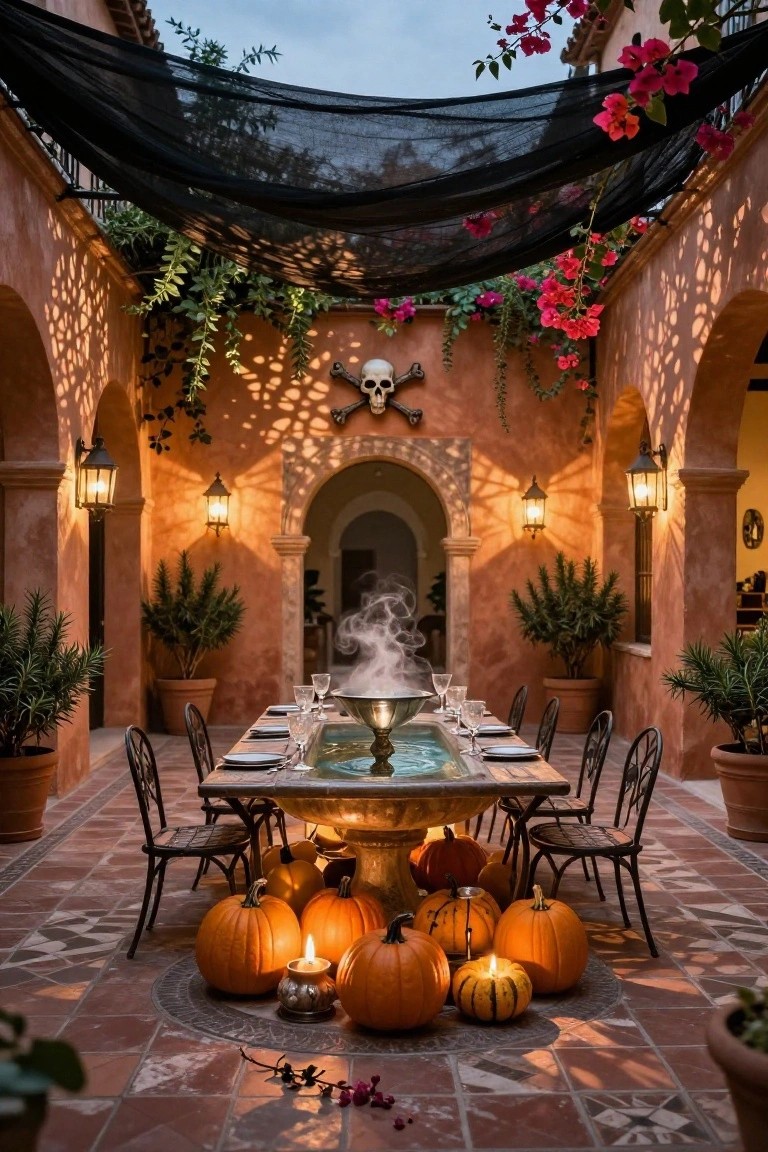 Outdoor courtyard patio with terra cotta arches and walls, black netting draped overhead, central dining table featuring a bubbling fountain surrounded by pumpkins and candles, potted plants, wall lanterns, and a skull decoration on the wall.
