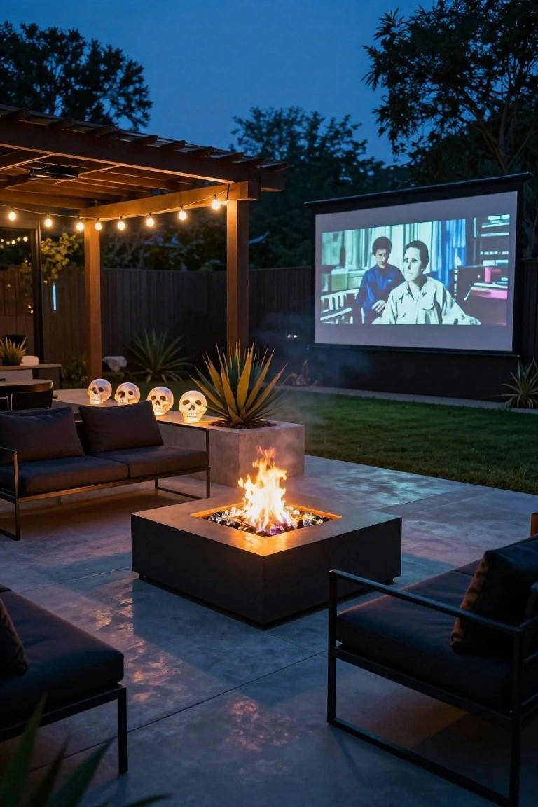 Dusk backyard patio under a wooden pergola strung with lights, featuring a large projector screen showing two people in a movie, modern black seating, square gas fire pit, potted agave and succulents, and illuminated white skull decorations.
