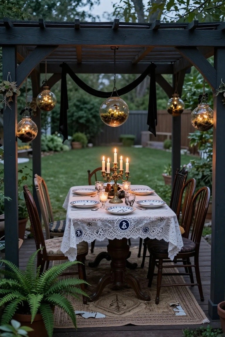 Wooden pergola over a deck with a lace-covered dining table set with white plates, brass candelabra with candles, wooden chairs, hanging glass lanterns filled with moss and lights, plants, and a rug with a bat shape.