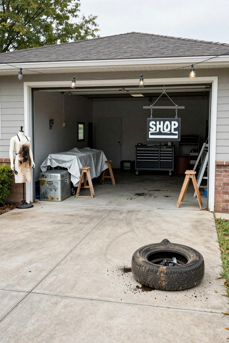 Open two-car garage with a hanging 