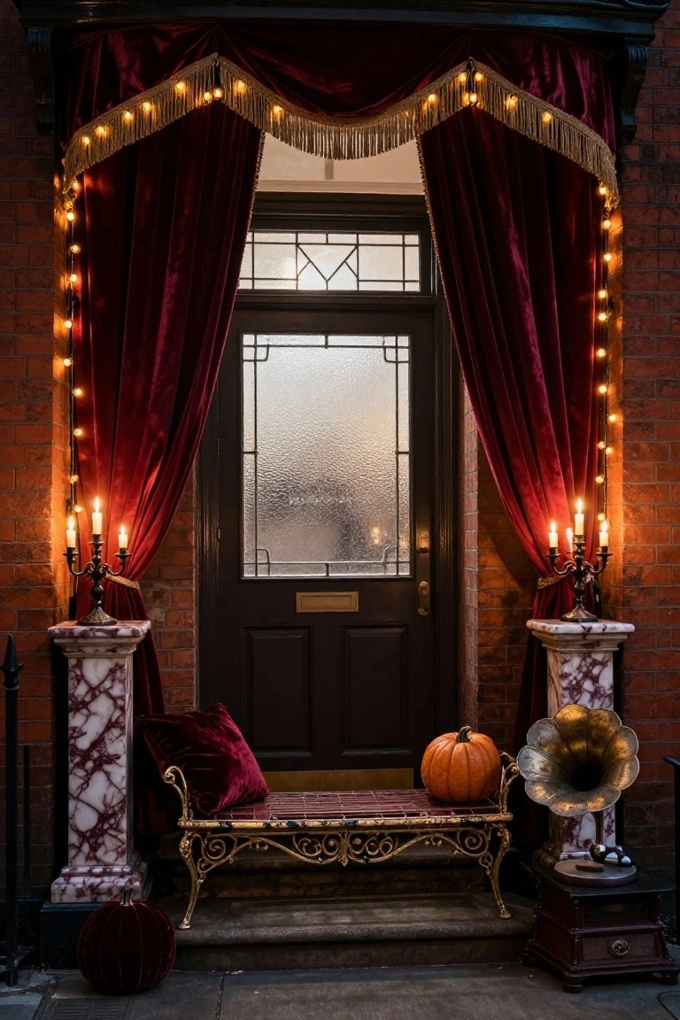 Brick house front door framed by red velvet curtains with gold fringe and string lights, flanked by candelabras on pedestals, a bench holding a pumpkin, and a brass gramophone on a small cabinet.