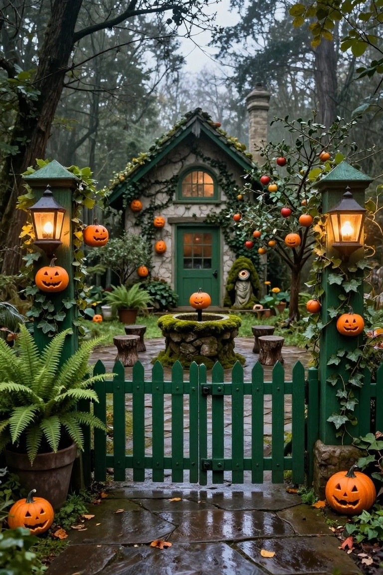 Green stone cottage with mossy walls, green door and roof, flanked by ivy-covered green lantern posts with hanging jack-o-lanterns, a small fountain, plants, pumpkins, and a green picket gate in a wooded setting.