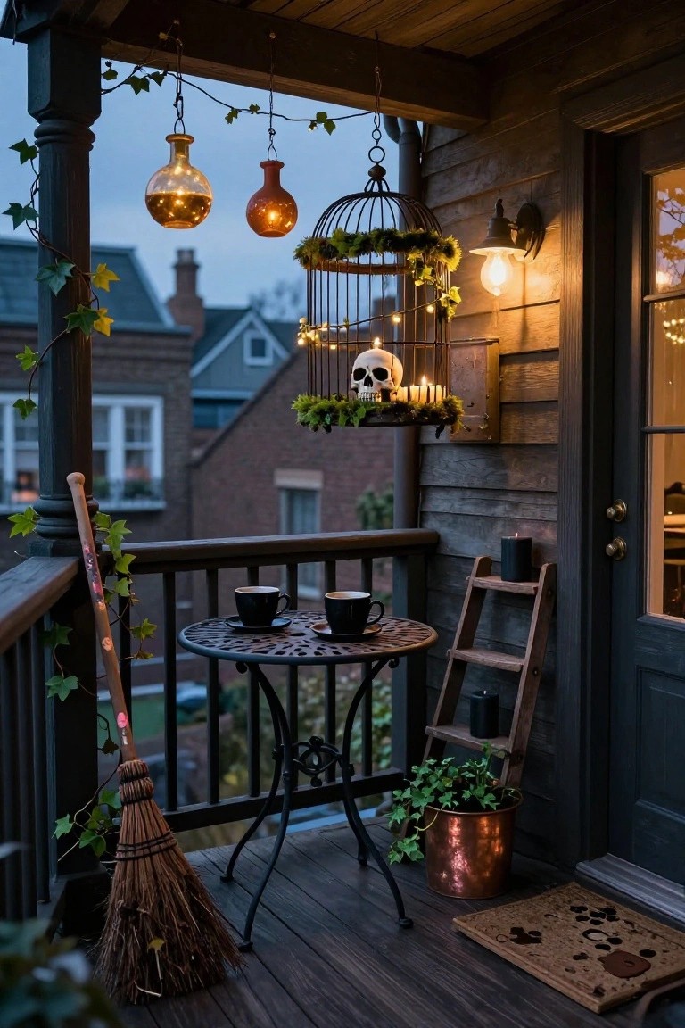 Wooden porch balcony decorated for Halloween featuring a birdcage with skull and candles, hanging glass and terracotta lanterns, small metal table with two black mugs, leaning broom, ladder shelf with candle, ivy plants, and copper pot, at dusk with nearby brick houses visible.