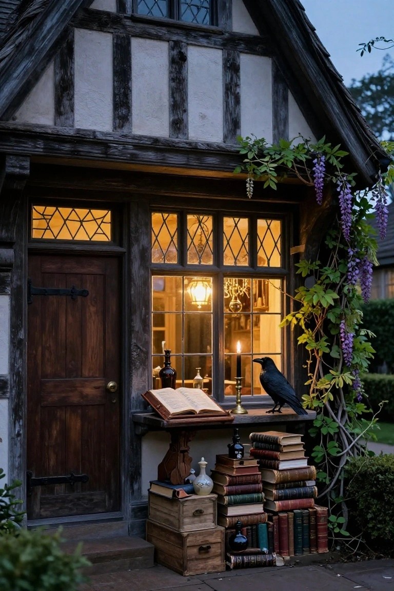 Timber-framed cottage exterior at dusk with wooden door, illuminated leaded glass windows, open book and candle on window ledge, stacks of antique books and glass bottles below, black raven perched nearby, and purple wisteria vines climbing the walls.