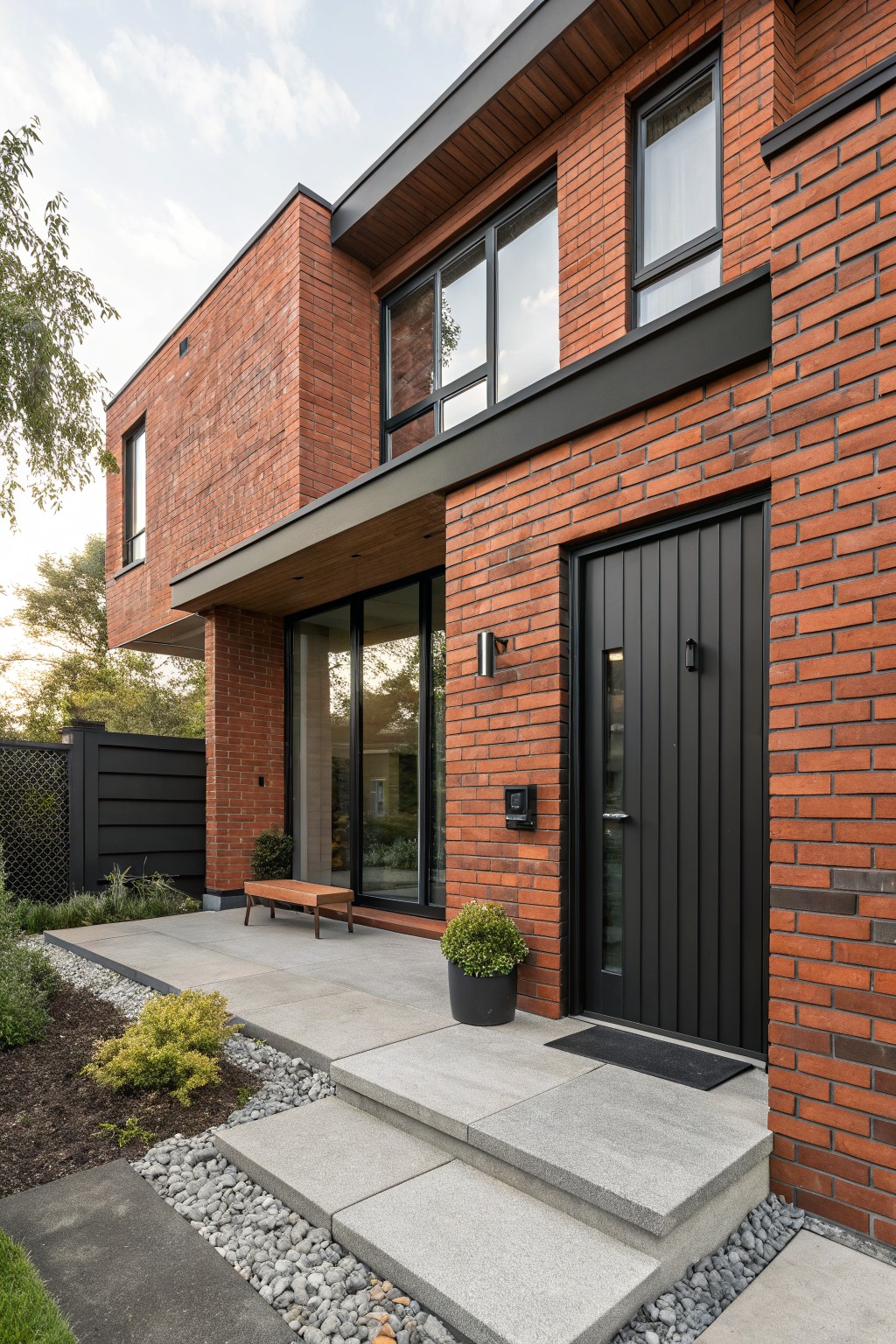 Side exterior view of a two-story red brick house with black-framed windows, a black front door, concrete steps, a wooden bench on a patio, potted plant, and gravel landscaping.