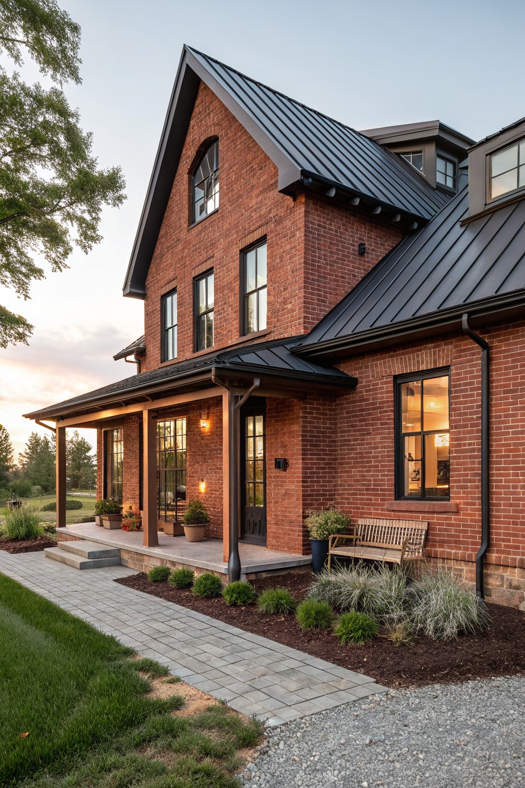 Two-story red brick house exterior with black standing-seam metal roof, dark-framed windows, covered wooden porch, potted plants, bench, shrubs, stone pathway, and grass at dusk.