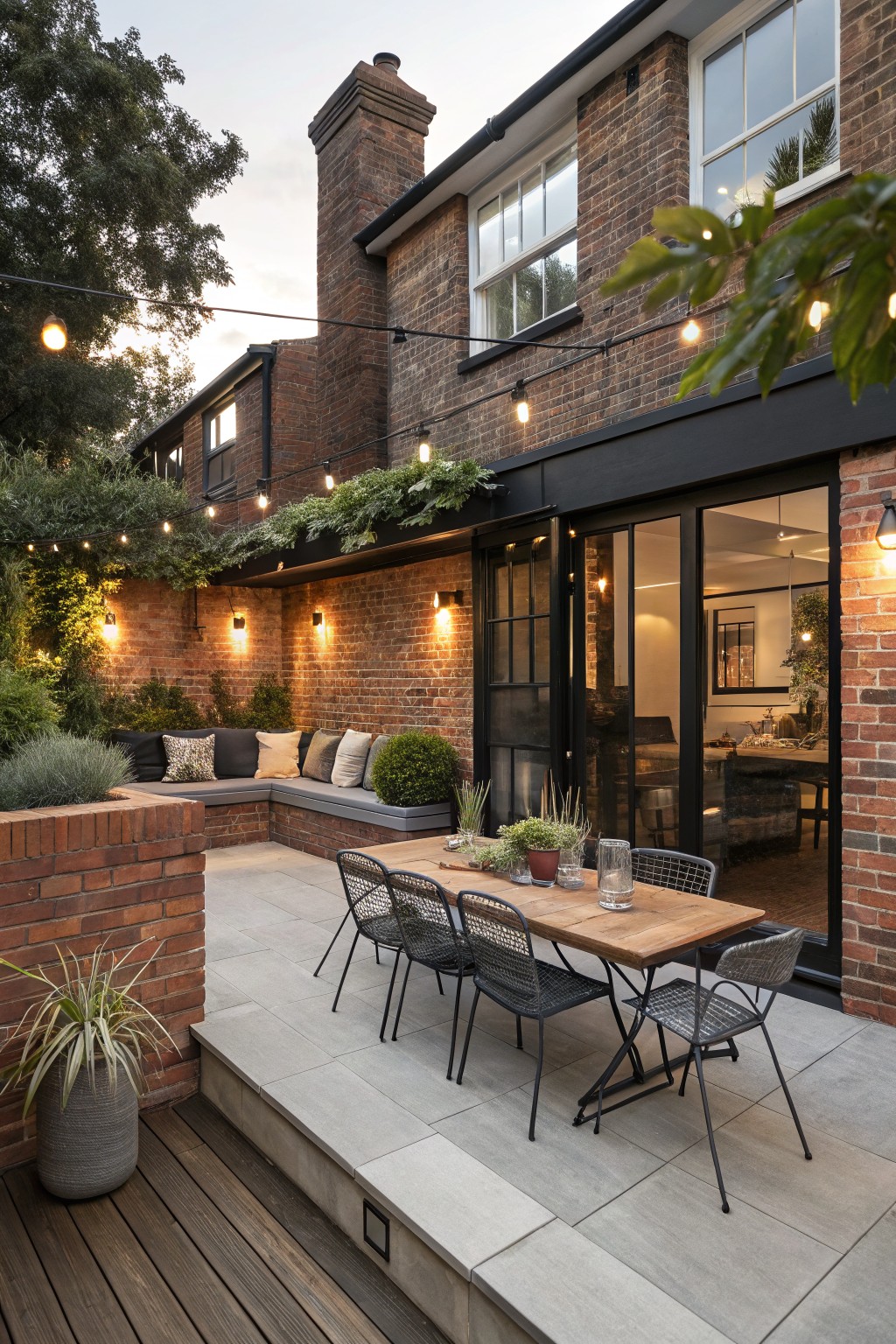 Backyard patio with built-in L-shaped brick bench seating topped with cushions and pillows, wooden dining table with rattan chairs, potted plants, string lights overhead, and black-framed sliding doors on a brick house wall.