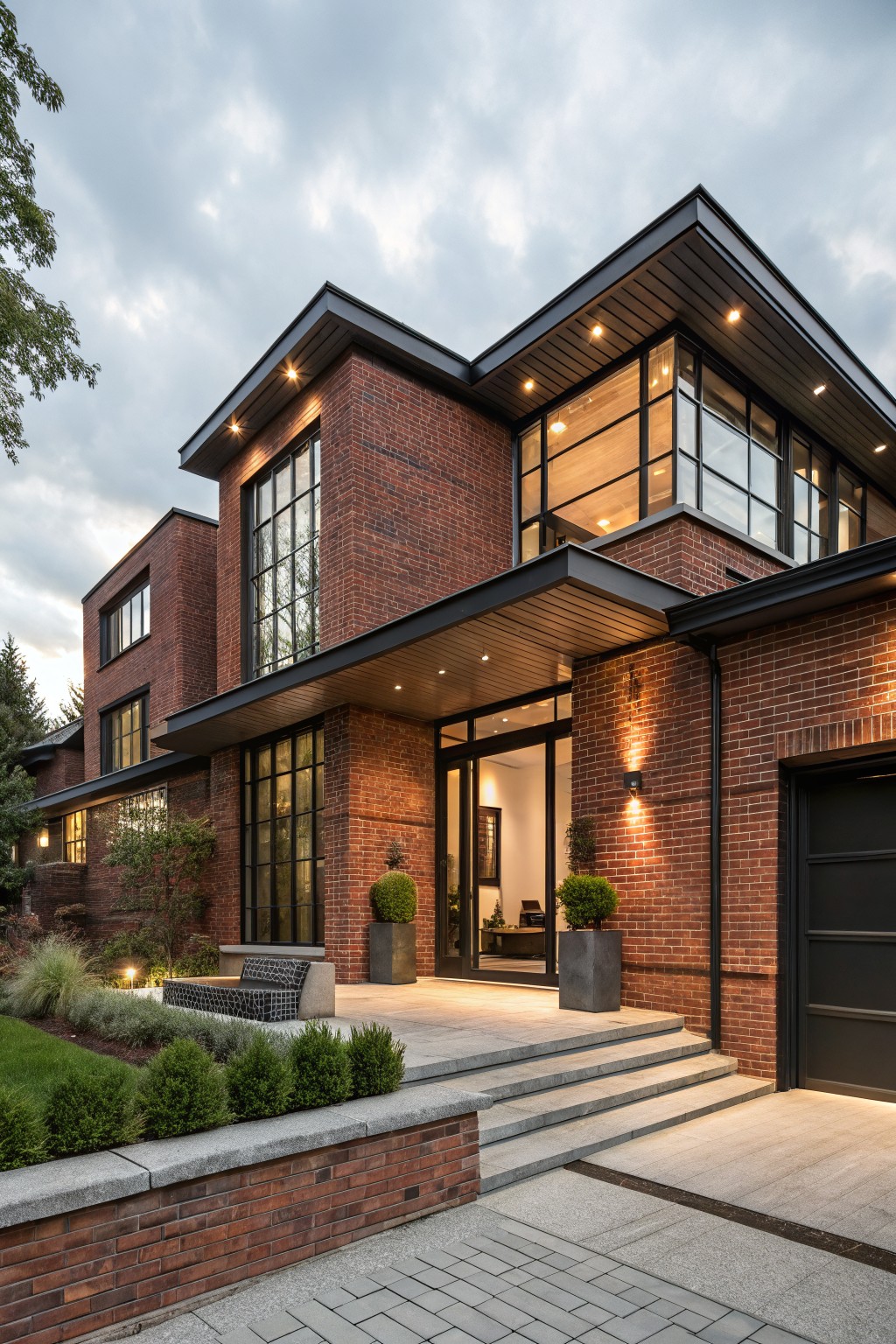 Red brick house exterior with a dark metal cantilevered overhang above a glass front door, flanked by large black-framed windows, steps leading to the entry, potted plants, a bench, garage door, and landscaped yard under a cloudy sky.