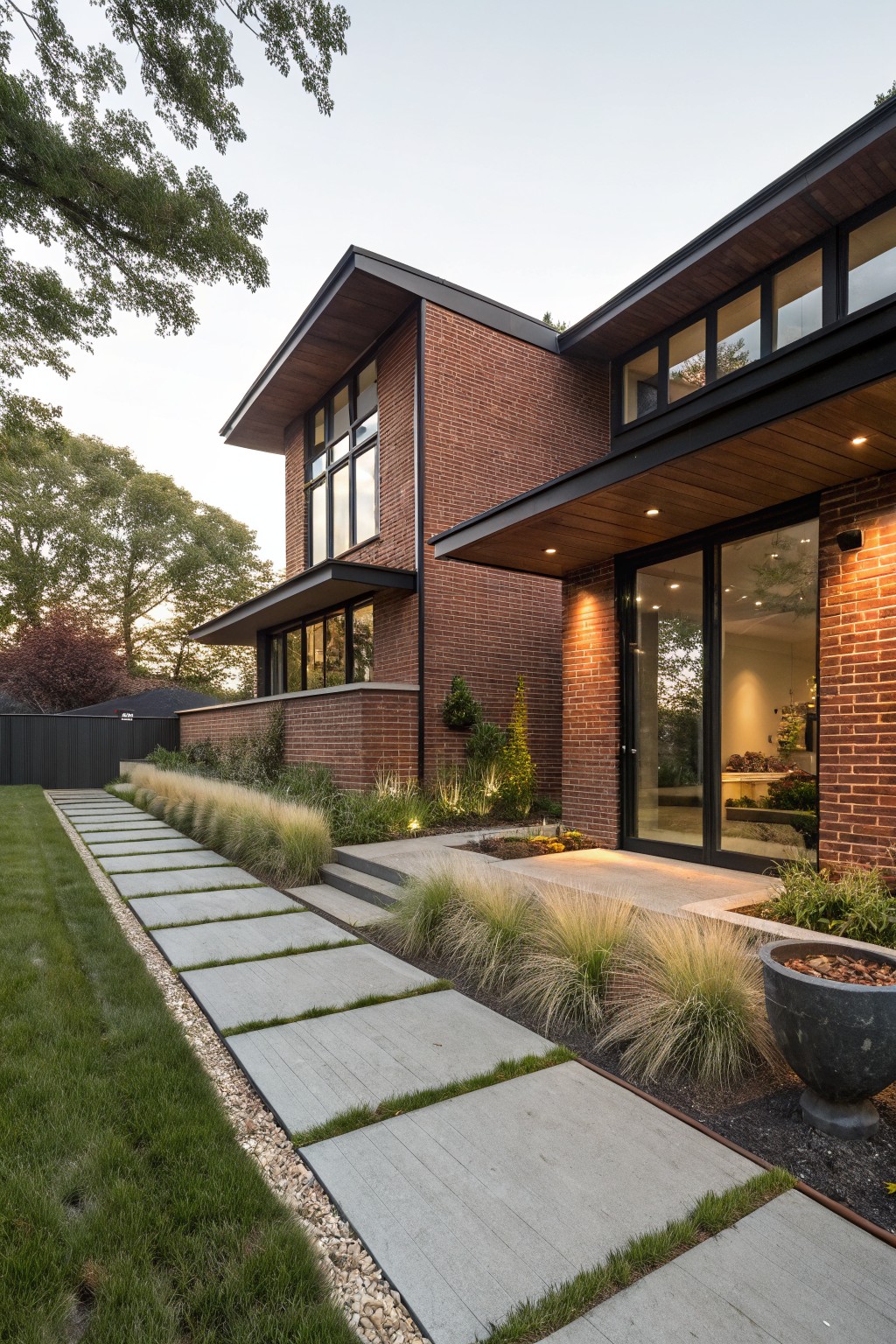 Side exterior of a modern two-story red brick house showing large black-framed windows upstairs, sliding glass entry doors under a cantilevered wooden overhang downstairs, and a concrete slab pathway edged by tall ornamental grasses next to a lawn.