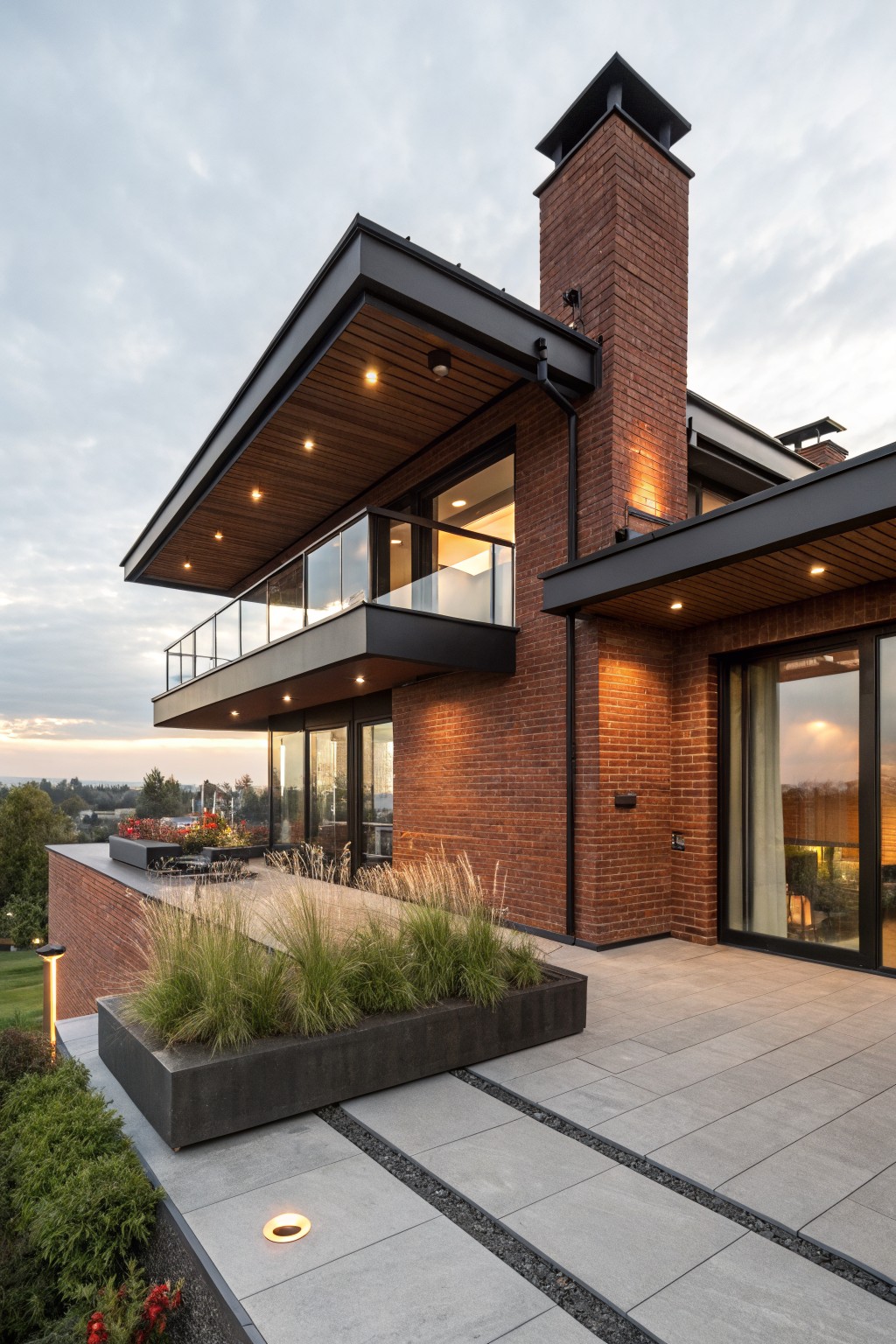 Red brick house exterior with cantilevered upper level featuring wood soffit, glass balcony with black railing, large dark-framed glass doors, terrace with plants, and pathway lighting.