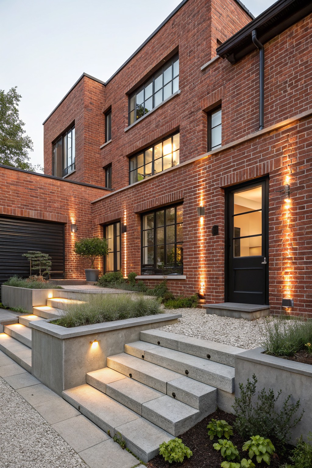 Red brick house exterior at dusk with black garage door, front entry black door flanked by vertical LED light strips, multi-level gray concrete steps with integrated low lights and raised planters containing grasses, gravel path, and low shrubs.
