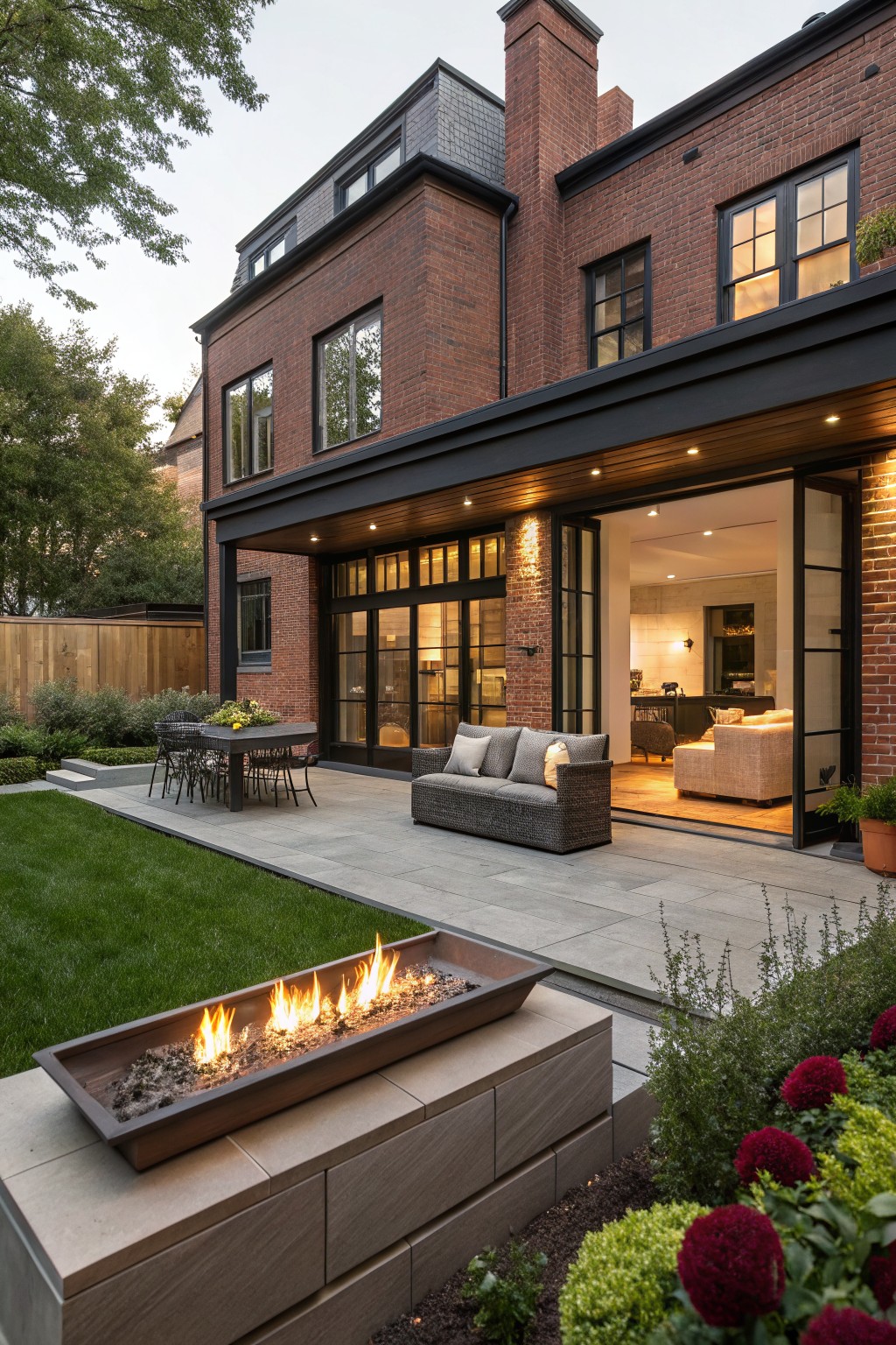 Rear view of a two-story red brick house with dark window frames and a covered patio featuring open folding glass doors to the interior, an outdoor sofa and dining table on gray pavers, a linear gas fire pit at the lawn edge, and surrounding shrubs and trees at dusk.