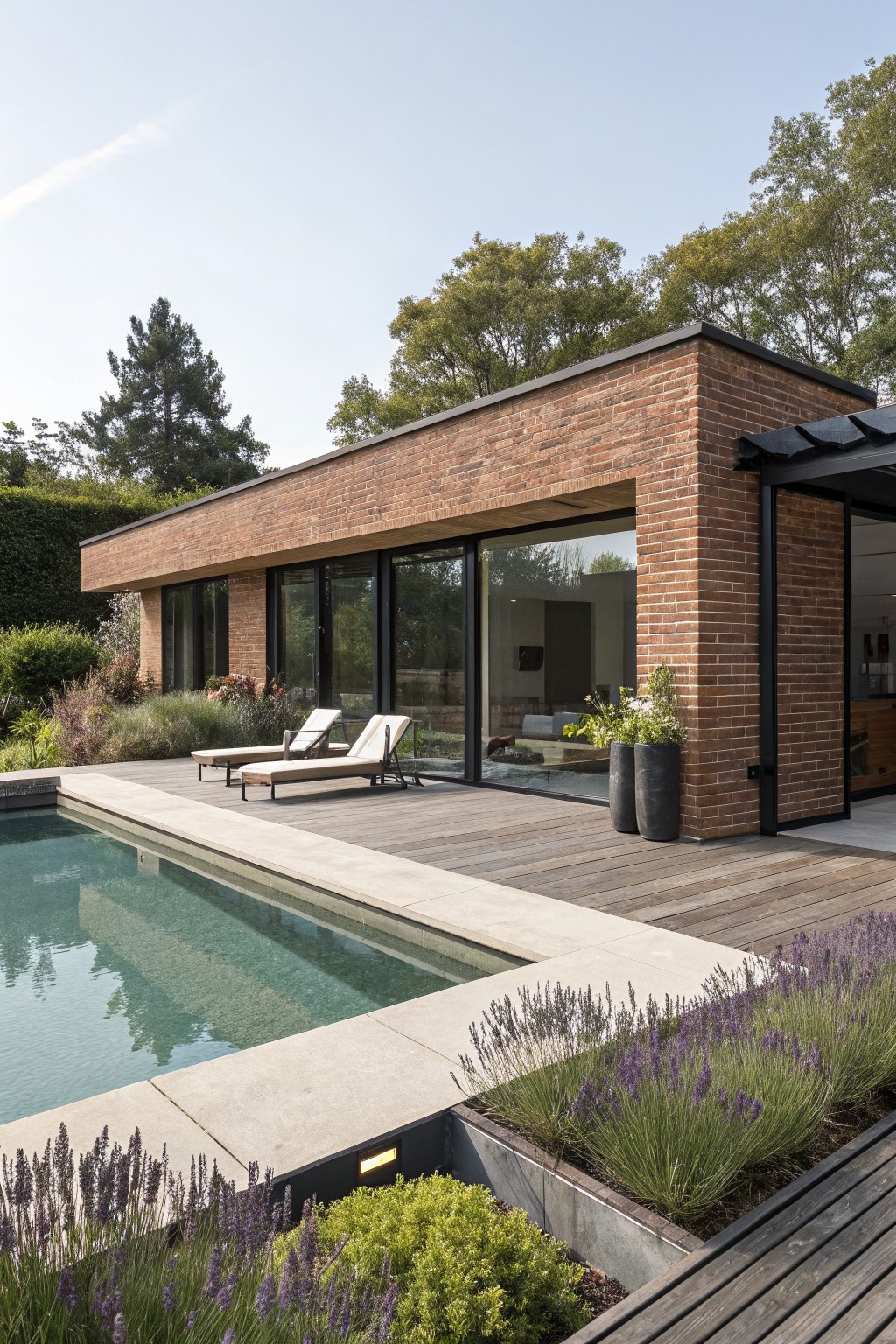 Red brick modern house exterior with large dark-framed windows, wooden deck extending to a rectangular pool edged in lavender plants and lounge chairs.