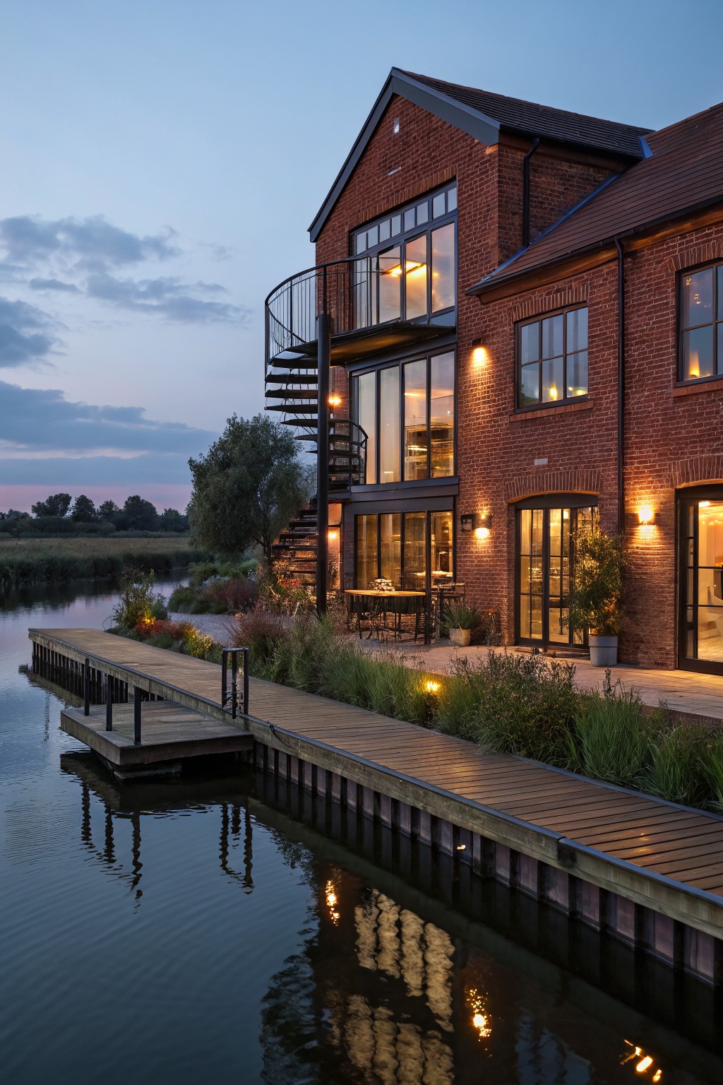 Rear exterior of a three-story red brick house at dusk next to a river, with large dark metal-framed windows, curved external spiral staircase to a balcony, wooden dock, and paved path with plants and lights.