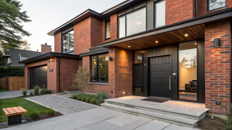 Side exterior view of a two-story red brick house with black-framed windows, a black front door, concrete steps, a wooden bench on a patio, potted plant, and gravel landscaping.