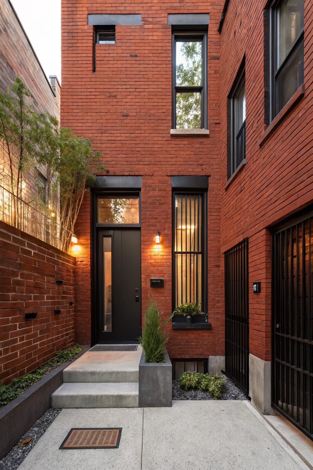 Red brick house exterior featuring a black front door with sidelight, flanked by wall lanterns, concrete entry steps, and minimal landscaping including plants in a raised bed.