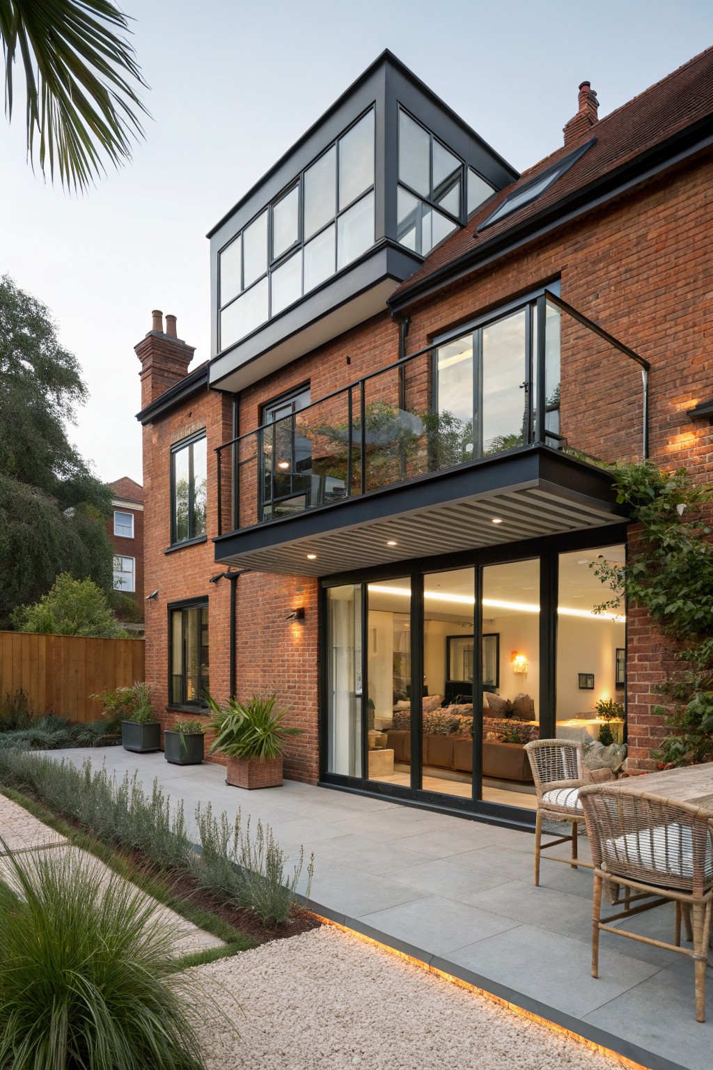 Rear view of a red brick house with black metal-framed glass upper extension, cantilevered balcony, large sliding doors to paved patio with wicker chairs and table, and gravel garden path.