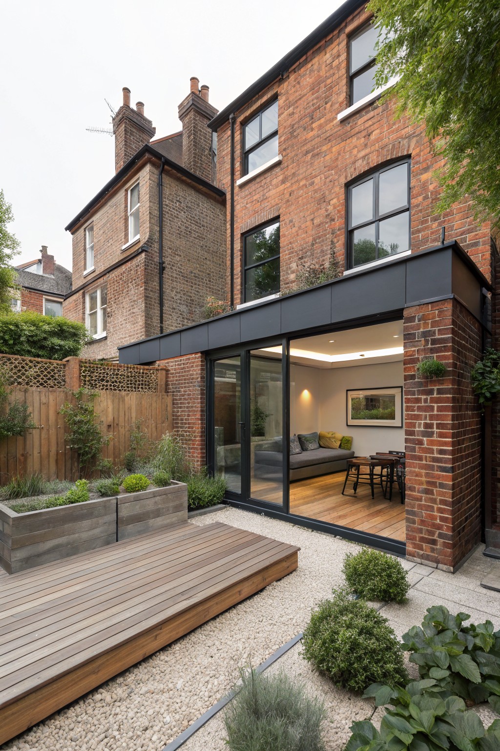 Rear exterior of a two-story red brick terraced house featuring a contemporary flat-roof black-clad extension with large dark-framed sliding glass doors opening to a wooden deck, gravel garden beds with plants, and adjacent similar brick houses.