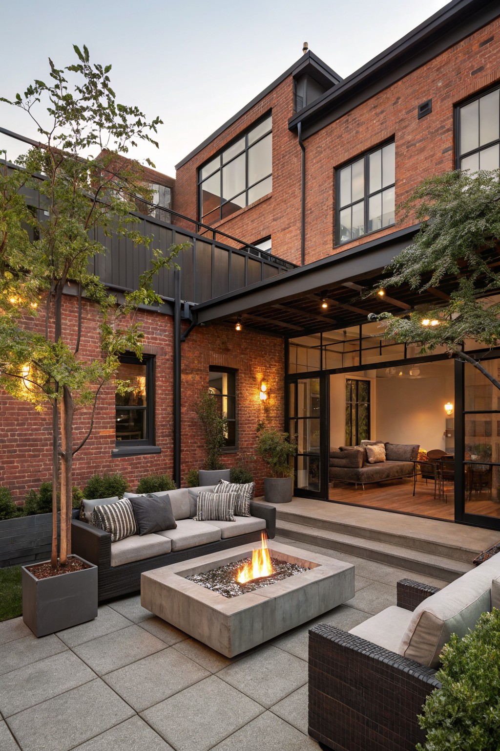 Rear exterior of a red brick house with large steel-framed glass doors opening to a concrete patio that includes a rectangular concrete gas fire pit surrounded by gray modular sofas, potted trees, and steps leading to grass.