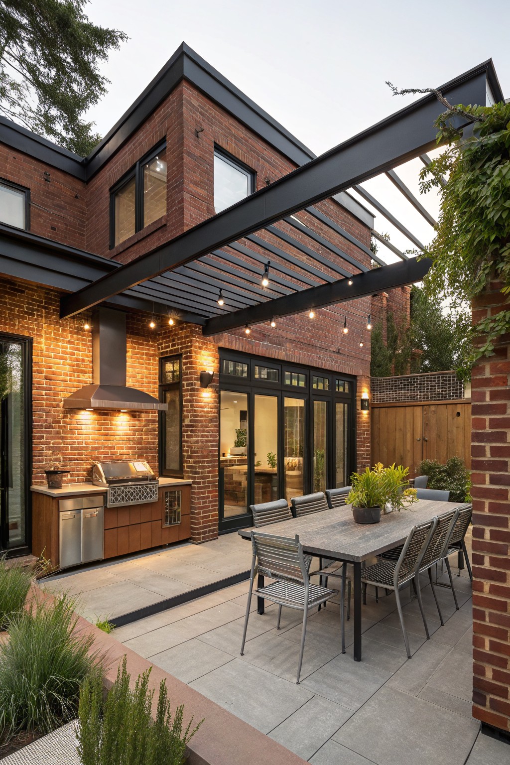 Red brick house wall with black steel pergola sheltering an outdoor kitchen featuring stainless steel grill and cabinets, wooden dining table with metal chairs, potted plants, string lights, and concrete pavers in the backyard.