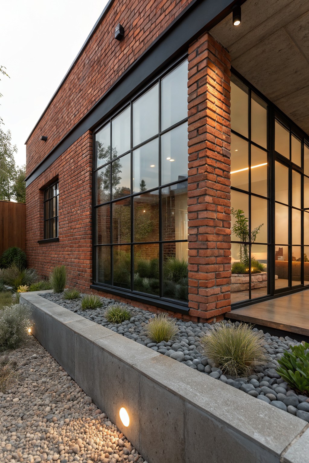 Exterior corner of a two-story red brick house with large black metal-framed windows, concrete raised bed filled with gravel and grasses, and low garden lighting along a gravel path.