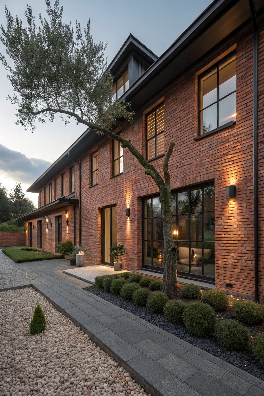 Long red brick house exterior at dusk with large dark-framed windows, a leaning olive tree against the wall, stone pathway entrance, gravel and boxwood plantings, and wall-mounted lights.