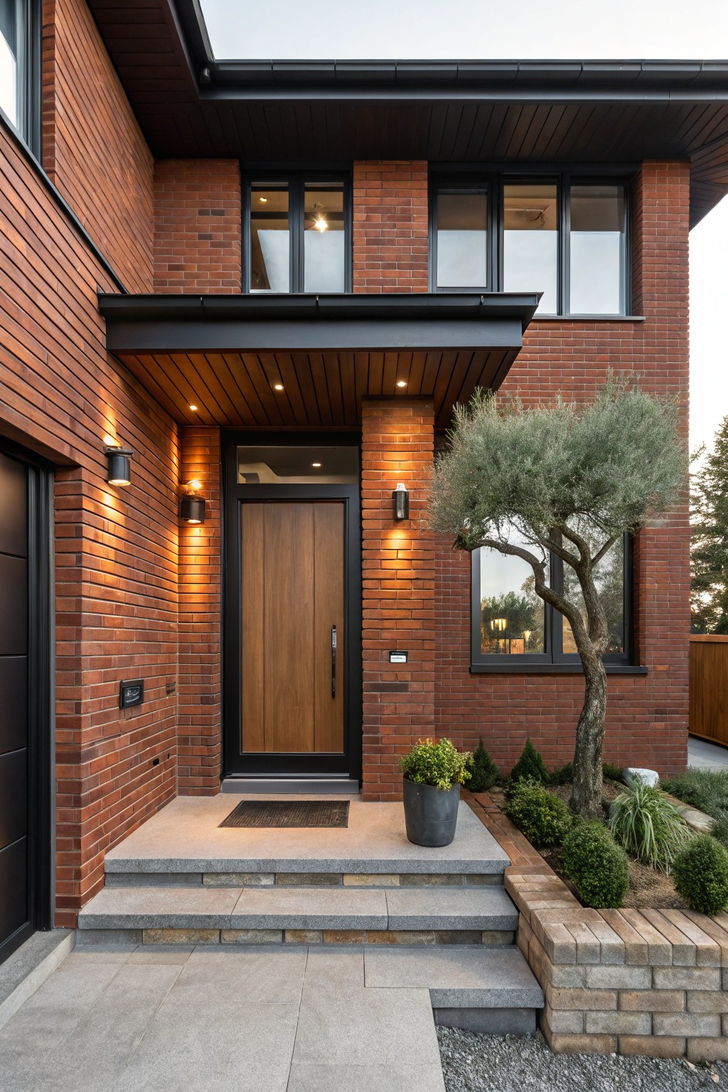 Red brick house exterior with wooden front door under a modern wood-paneled canopy, flanked by black wall lights and dark-framed windows, adjacent garage door, stone steps, and landscaped planting bed with olive tree and potted shrubs.
