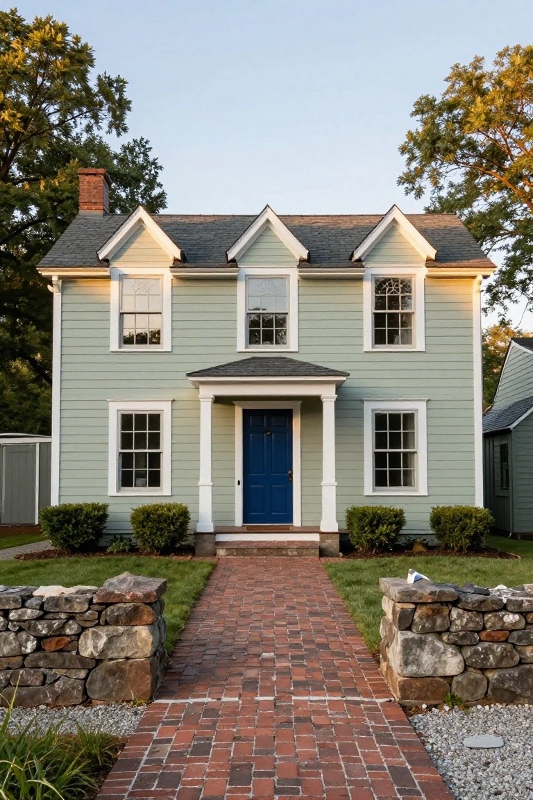 Two-story pale green clapboard Colonial house with white trim, gabled roof, brick chimney, blue front door under a small portico supported by white columns, brick pathway bordered by stone walls, boxwood shrubs, lawn, and trees.