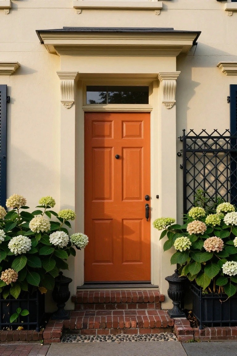 Cream-colored colonial house facade with a centered orange six-panel front door, flanked by white hydrangea plants in black urns, black shutters on the windows, and a wrought-iron gate on one side, with brick steps leading to a pebble walkway.